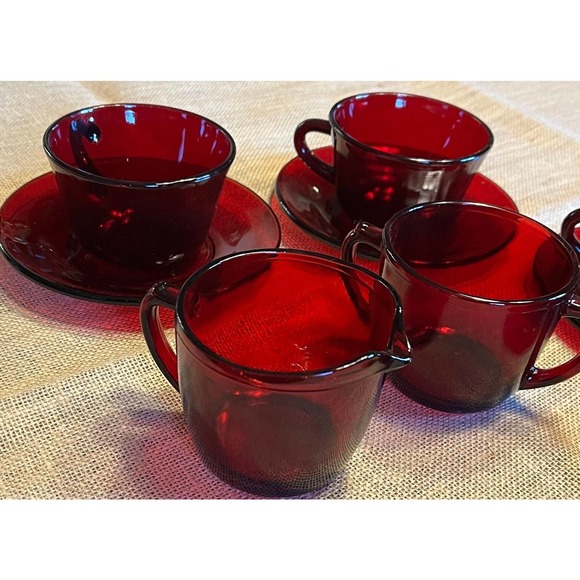 Ruby Red 14-Piece Coffee Set Anchor Hocking Cups Saucers Creamer Open Sugar Bowl - Picture 8 of 10
